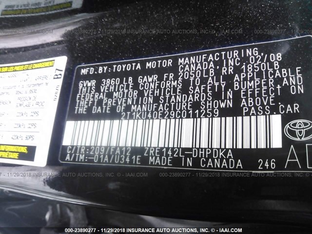 2T1KU40E29C011259 - 2009 TOYOTA COROLLA MATRIX  BLACK photo 9