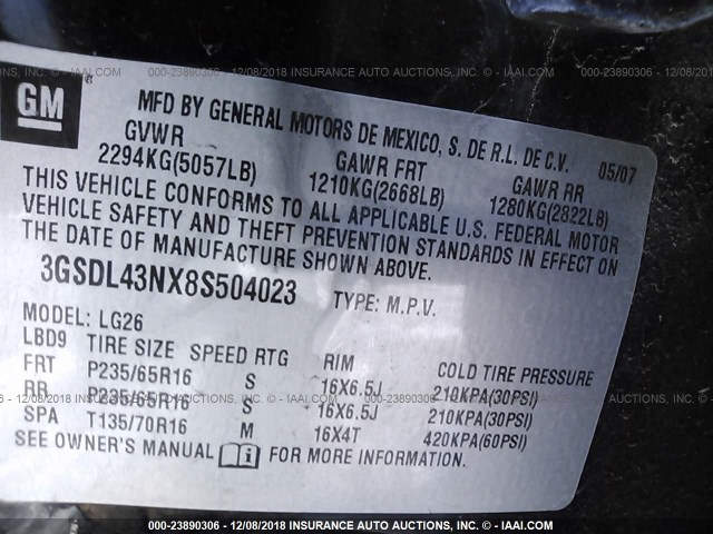 3GSDL43NX8S504023 - 2008 SATURN VUE XE BLACK photo 9