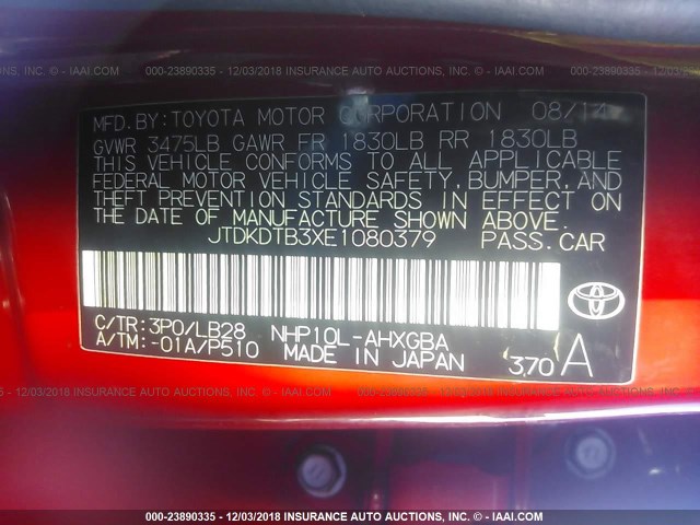 JTDKDTB3XE1080379 - 2014 TOYOTA PRIUS C RED photo 9