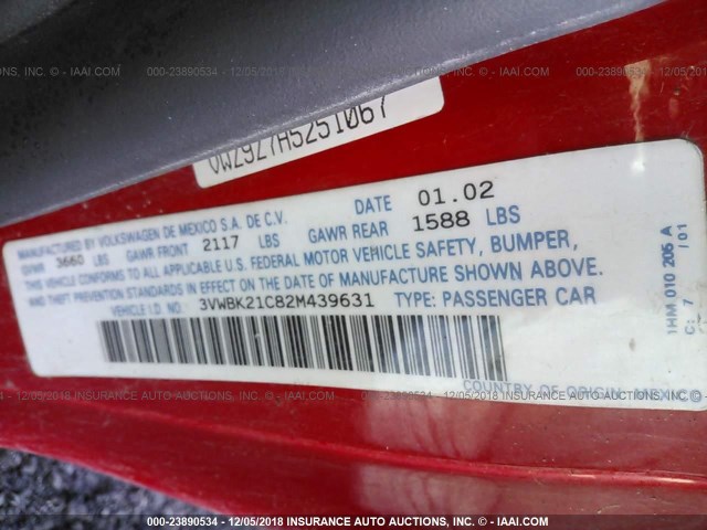 3VWBK21C82M439631 - 2002 VOLKSWAGEN NEW BEETLE GL RED photo 9