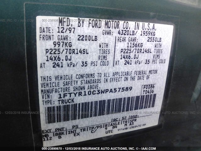 1FTYR10C3WPA57589 - 1998 FORD RANGER GREEN photo 9