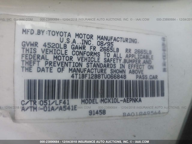 4T1BF12B8TU066848 - 1996 TOYOTA AVALON XL/XLS WHITE photo 9