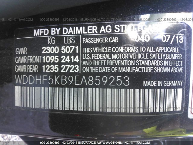 WDDHF5KB9EA859253 - 2014 MERCEDES-BENZ E 350 BLACK photo 9