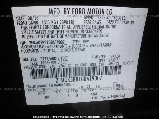 2FMGK5B81GBA19007 - 2016 FORD FLEX SE BLACK photo 9