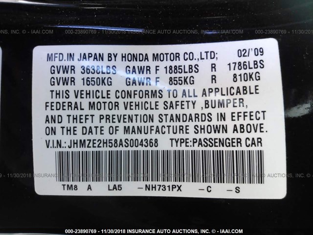 JHMZE2H58AS004368 - 2010 HONDA INSIGHT LX BLACK photo 9