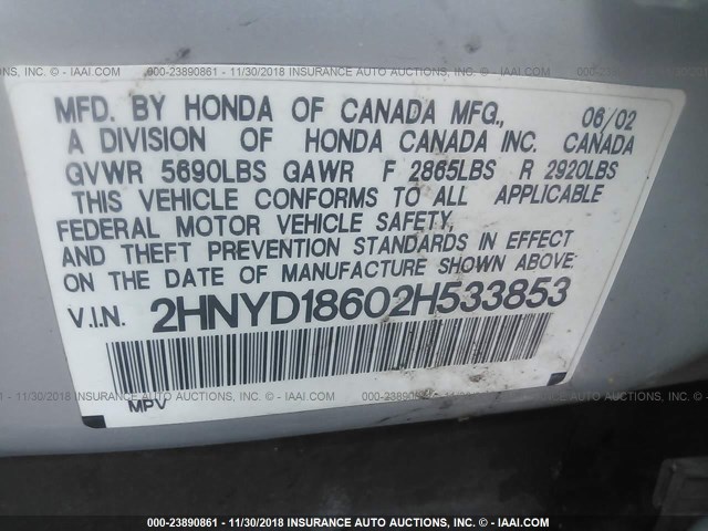 2HNYD18602H533853 - 2002 ACURA MDX TOURING SILVER photo 9