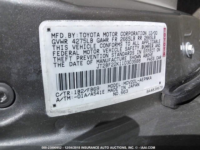 JT2BF22K110303588 - 2001 TOYOTA CAMRY CE/LE/XLE GOLD photo 9