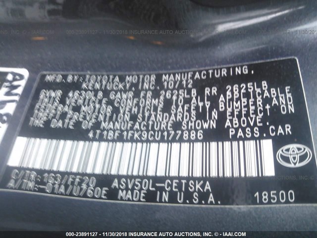 4T1BF1FK9CU177886 - 2012 TOYOTA CAMRY SE/LE/XLE GRAY photo 9