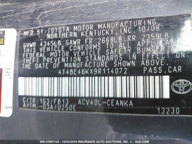 4T4BE46KX9R114072 - 2009 TOYOTA CAMRY SE/LE/XLE BLACK photo 9