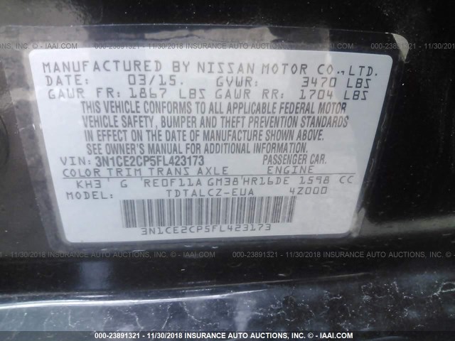 3N1CE2CP5FL423173 - 2015 NISSAN VERSA NOTE S/S PLUS/SV/SL/SR BLACK photo 9