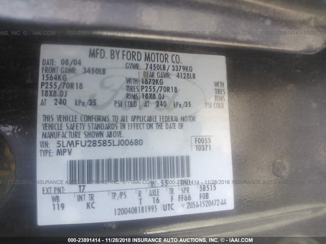 5LMFU28585LJ00680 - 2005 LINCOLN NAVIGATOR Қоңыр фото 9