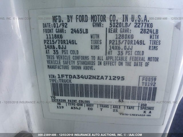 1FTDA34U2NZA71295 - 1992 FORD AEROSTAR WHITE photo 9