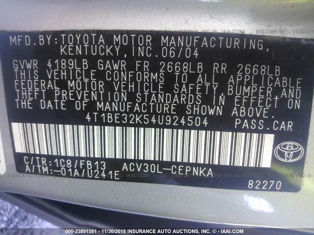 4T1BE32K54U924504 - 2004 TOYOTA CAMRY LE/XLE/SE SILVER photo 9