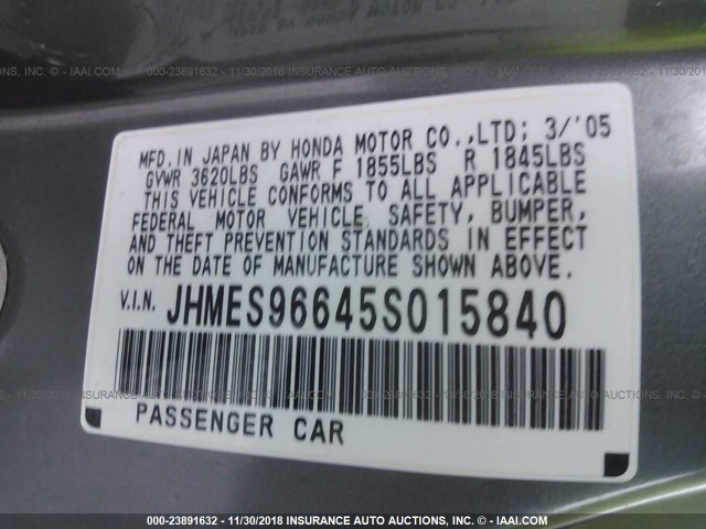 JHMES96645S015840 - 2005 HONDA CIVIC HYBRID GRAY photo 9