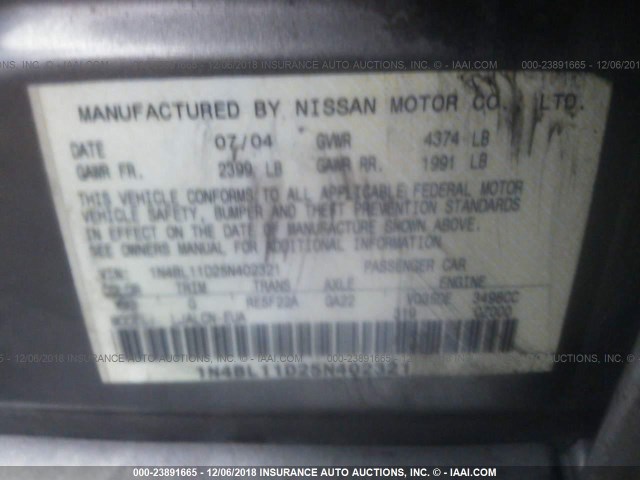 1N4BL11D25N402321 - 2005 NISSAN ALTIMA SE/SL/SE-R BROWN photo 9