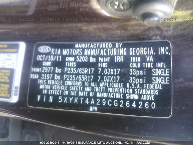 5XYKT4A29CG264260 - 2012 KIA SORENTO LX 勃艮第红 照片 9