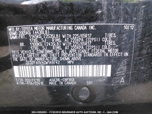 2T3ZF4DV4CW149742 - 2012 TOYOTA RAV4 BLACK photo 9