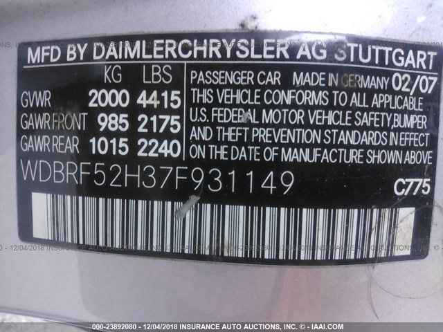 WDBRF52H37F931149 - 2007 MERCEDES-BENZ C 230 SILVER photo 9