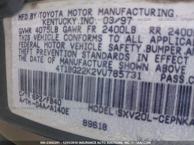 4T1BG22K2VU785731 - 1997 TOYOTA CAMRY CE/LE/XLE GREEN photo 9