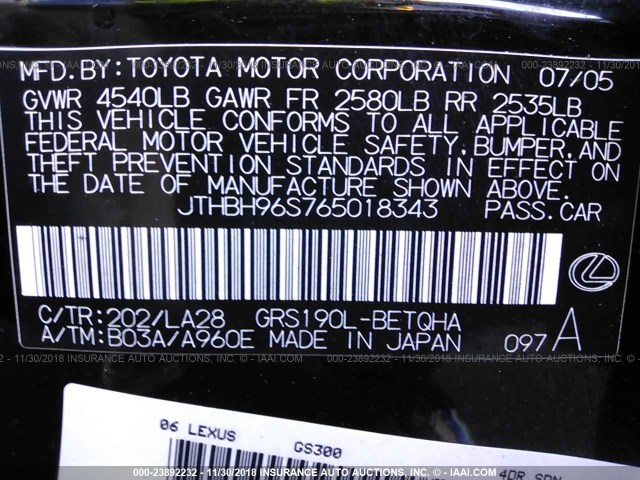 JTHBH96S765018343 - 2006 LEXUS GS GENERATION 200 300 BLACK photo 9