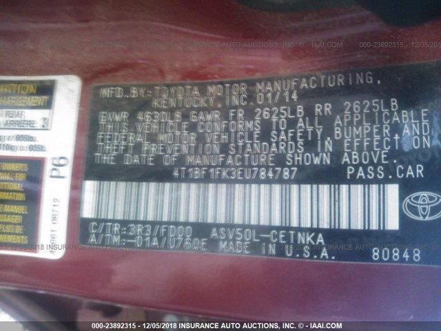 4T1BF1FK3EU784787 - 2014 TOYOTA CAMRY L/SE/LE/XLE 红色 照片 9