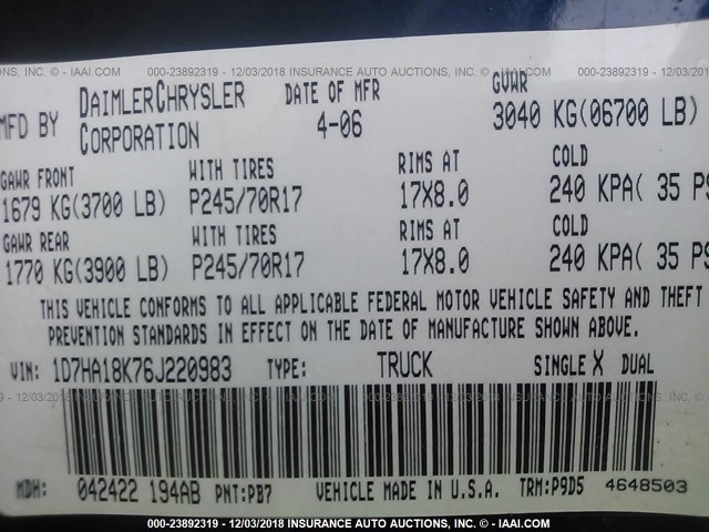 1D7HA18K76J220983 - 2006 DODGE RAM 1500 ST BLUE photo 9