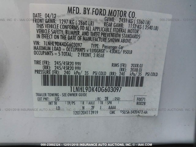 1LNHL9DK4DG603097 - 2013 LINCOLN MKS WHITE photo 9