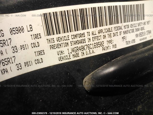 1J4GR48K76C169502 - 2006 JEEP GRAND CHEROKEE LAREDO/COLUMBIA/FREEDOM BLACK photo 9