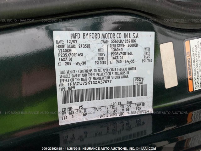 1FMZU72K13ZA57077 - 2003 FORD EXPLORER XLS/XLS SPORT GREEN photo 9