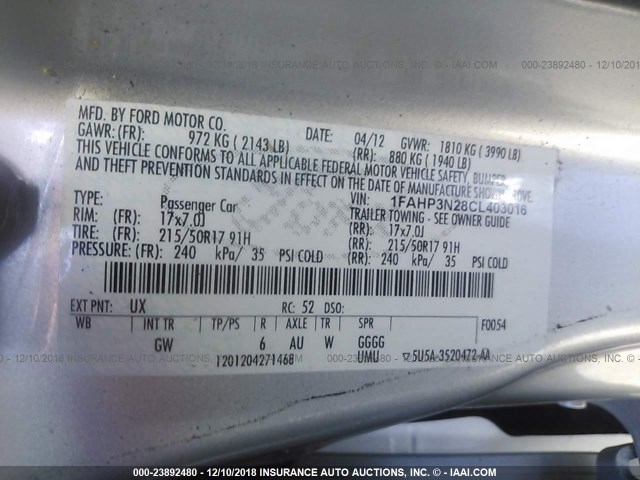 1FAHP3N28CL403016 - 2012 FORD FOCUS TITANIUM SILVER photo 9