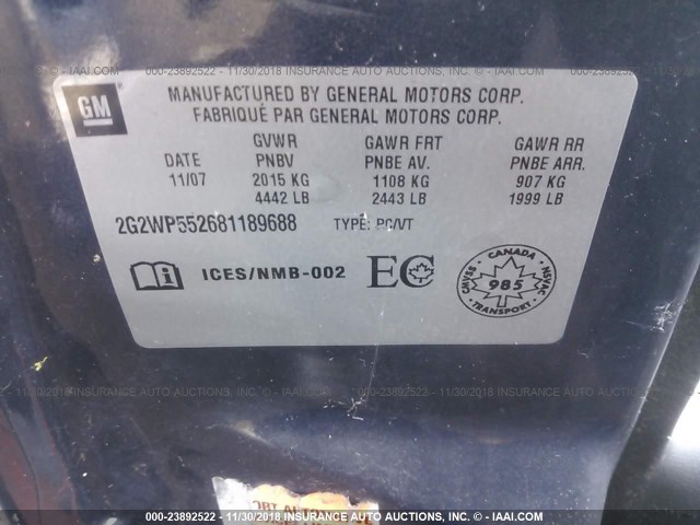 2G2WP552681189688 - 2008 PONTIAC GRAND PRIX GRAY photo 9