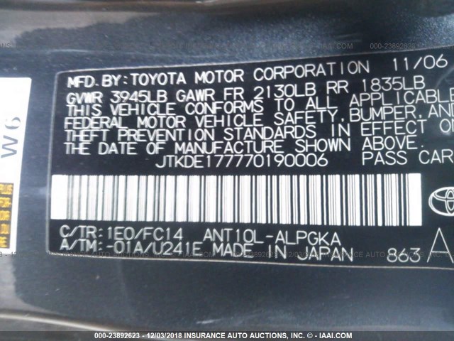 JTKDE177770190006 - 2007 TOYOTA SCION TC 黑色 照片 9