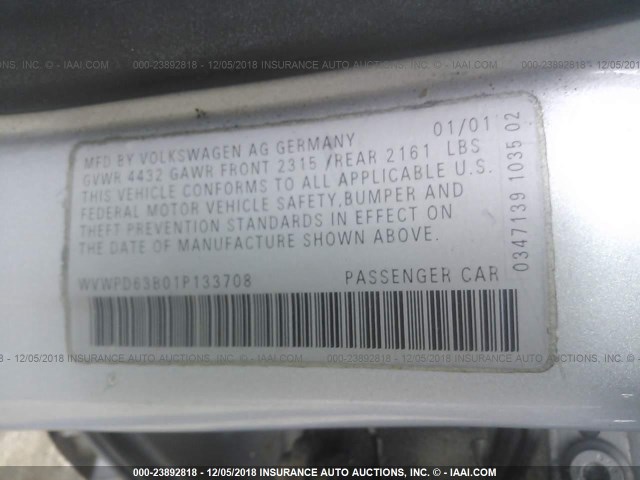 WVWPD63B01P133708 - 2001 VOLKSWAGEN PASSAT GLS SILVER photo 9