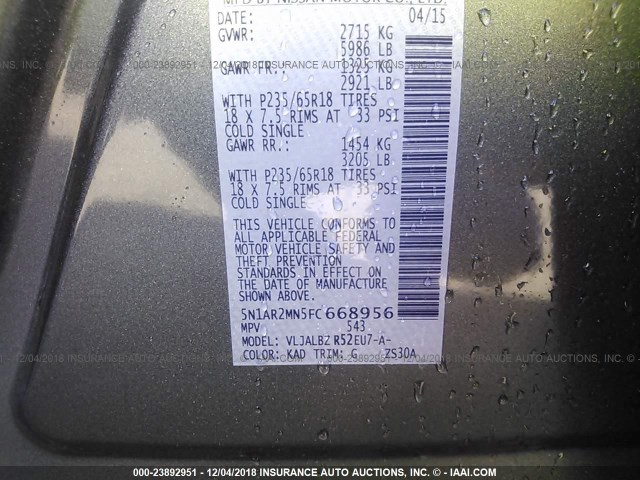 5N1AR2MN5FC668956 - 2015 NISSAN PATHFINDER S/SV/SL/PLATINUM GRAY photo 9