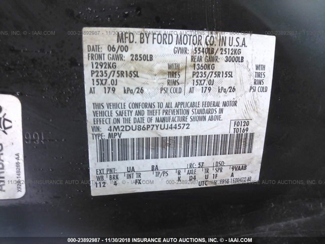 4M2DU86P7YUJ44572 - 2000 MERCURY MOUNTAINEER  BLACK photo 9