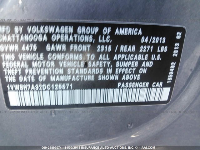 1VWBH7A32DC125571 - 2013 VOLKSWAGEN PASSAT SE GRAY photo 9