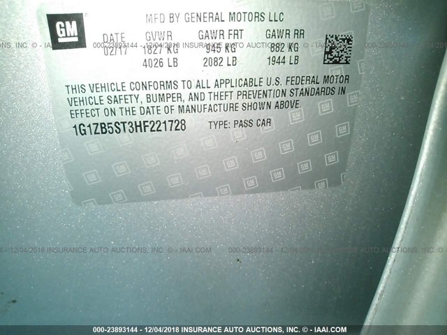 1G1ZB5ST3HF221728 - 2017 CHEVROLET MALIBU LS SILVER photo 9
