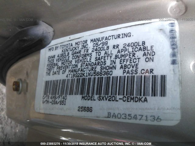 4T1BG22K1XU566360 - 1999 TOYOTA CAMRY CE/LE/XLE TAN photo 9