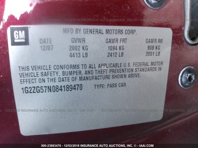 1G2ZG57N084189470 - 2008 PONTIAC G6 SE RED photo 9