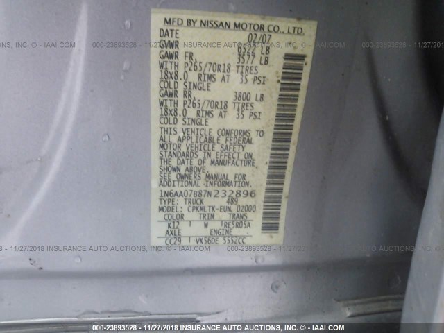 1N6AA07B87N232896 - 2007 NISSAN TITAN XE/SE/LE SILVER photo 9
