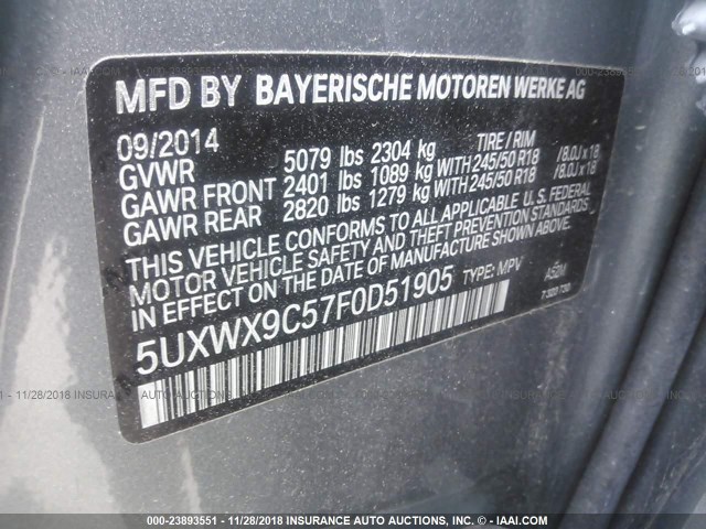 5UXWX9C57F0D51905 - 2015 BMW X3 XDRIVE28I GRAY photo 9