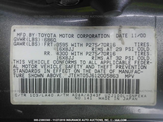 JTEHT05J612005863 - 2001 TOYOTA LAND CRUISER  GRAY photo 9