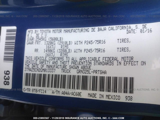 3TMAZ5CN2GM013337 - 2016 TOYOTA TACOMA DBL CAB/SR5/TRD SPORT/OR BLUE photo 9