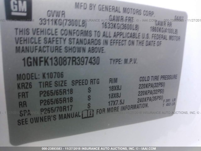 1GNFK13087R397430 - 2007 CHEVROLET TAHOE K1500 WHITE photo 9