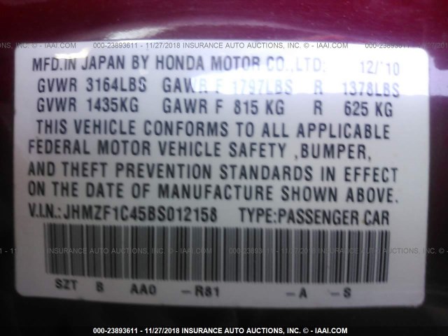 JHMZF1C45BS012158 - 2011 HONDA CR-Z RED photo 9