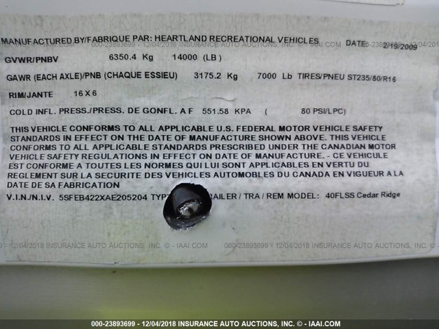 5SFEB422XAE205204 - 2010 CEDAR CREEK TRUCK EQUIPMENT  未知 照片 9