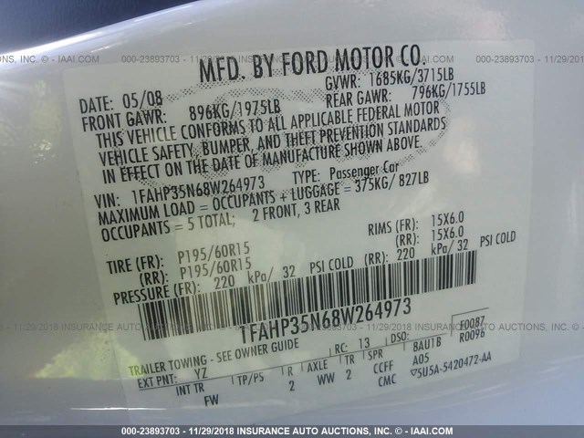 1FAHP35N68W264973 - 2008 FORD FOCUS SE/SEL/SES WHITE photo 9