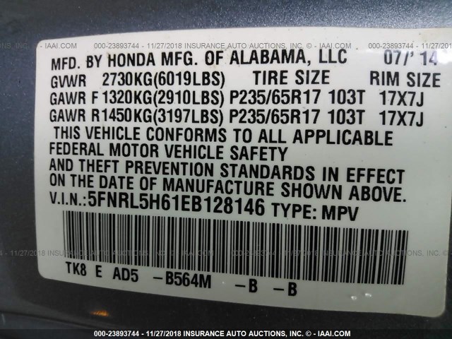 5FNRL5H61EB128146 - 2014 HONDA ODYSSEY EXL BLUE photo 9