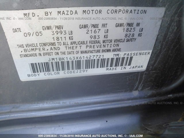 JM1BK143X61427721 - 2006 MAZDA 3 HATCHBACK GRAY photo 9