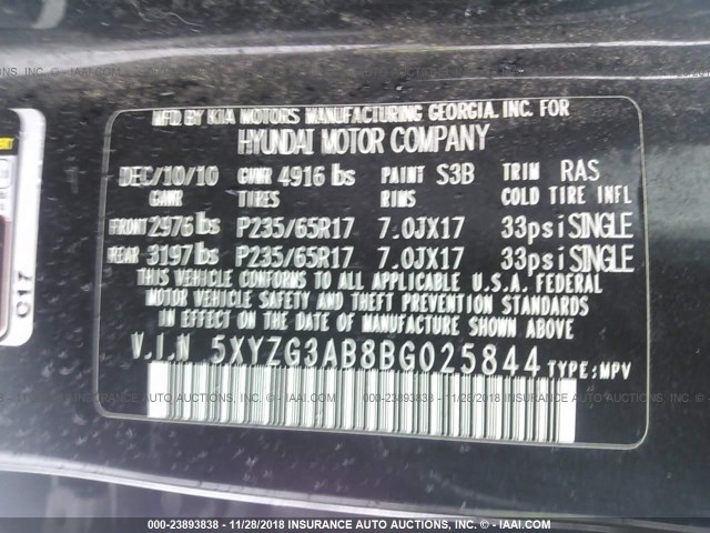 5XYZG3AB8BG025844 - 2011 HYUNDAI SANTA FE GLS BLACK photo 9